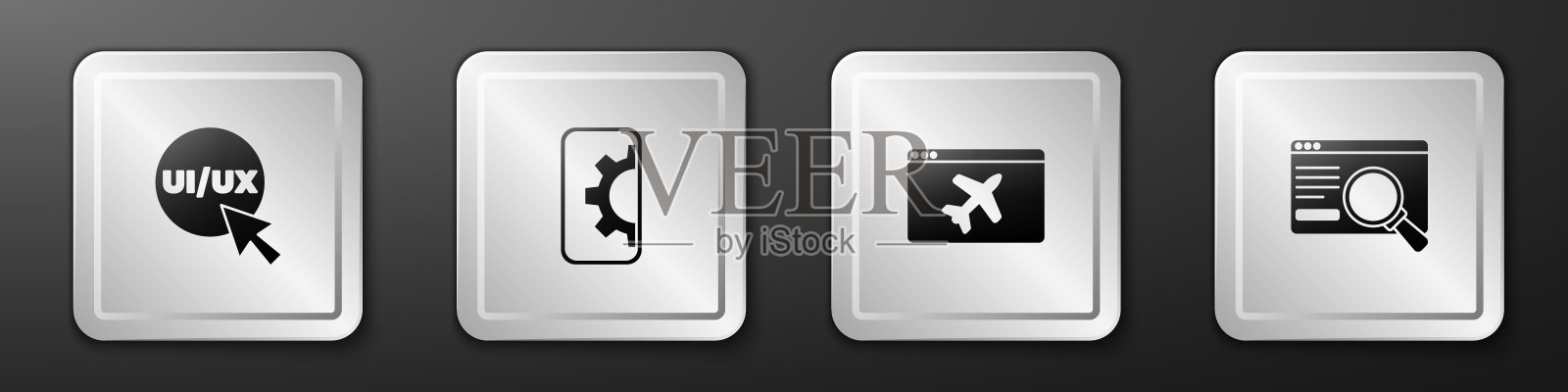 设置UI或UX设计，Web开发，网站模板和图标。银色方形按钮。向量图标素材