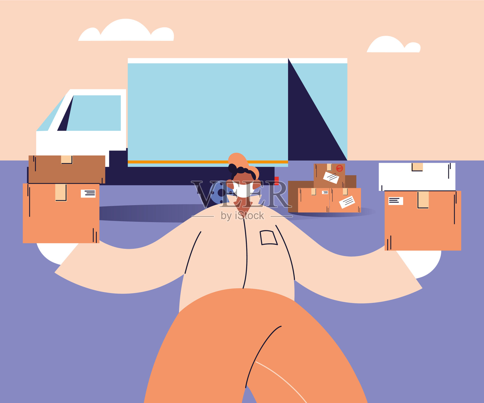 带口罩的快递员拿着纸板插画图片素材