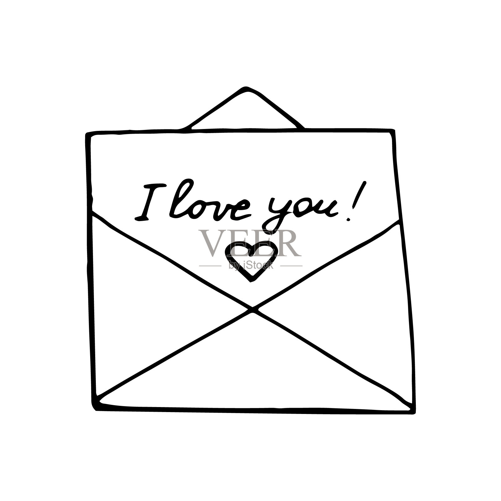 信在信封里，信上写着我爱你，心素描手绘涂鸦。爱，图标，向量，单色，极简主义，情人节，信息插画图片素材