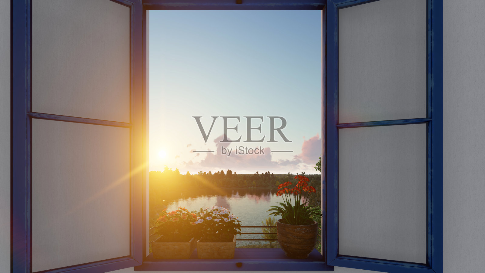 湖面上的晴空和窗外的树照片摄影图片