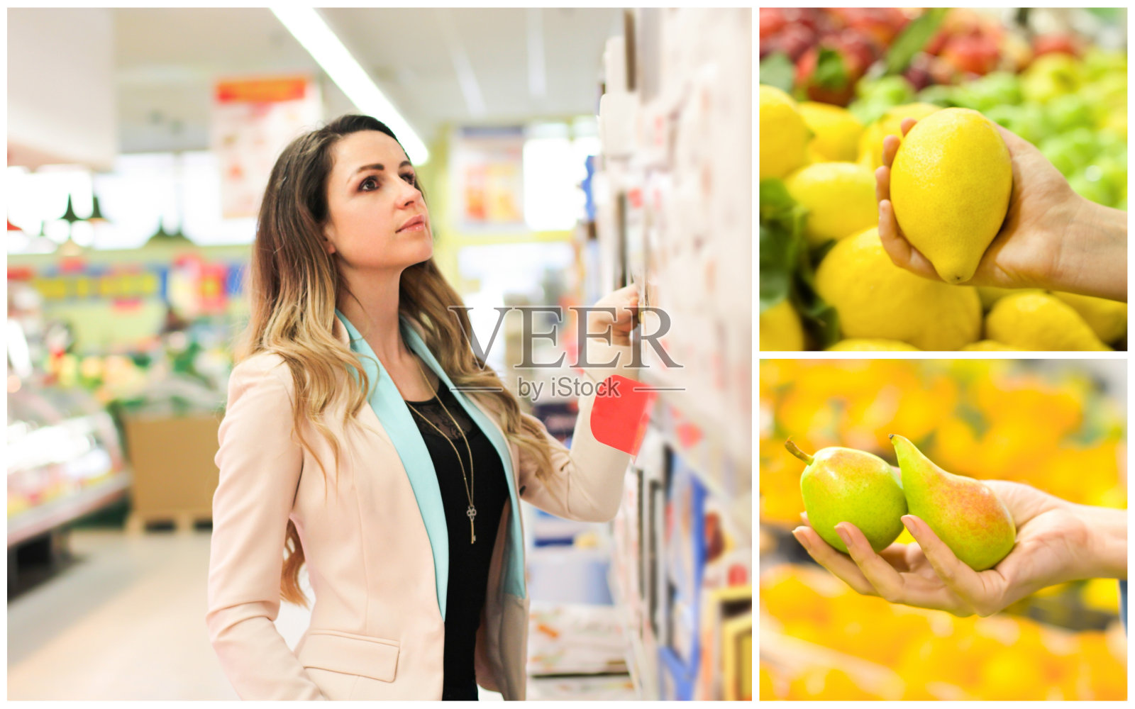 用女人和超市里选水果的女人的手拼贴。健康食品的概念，生物，素食照片摄影图片