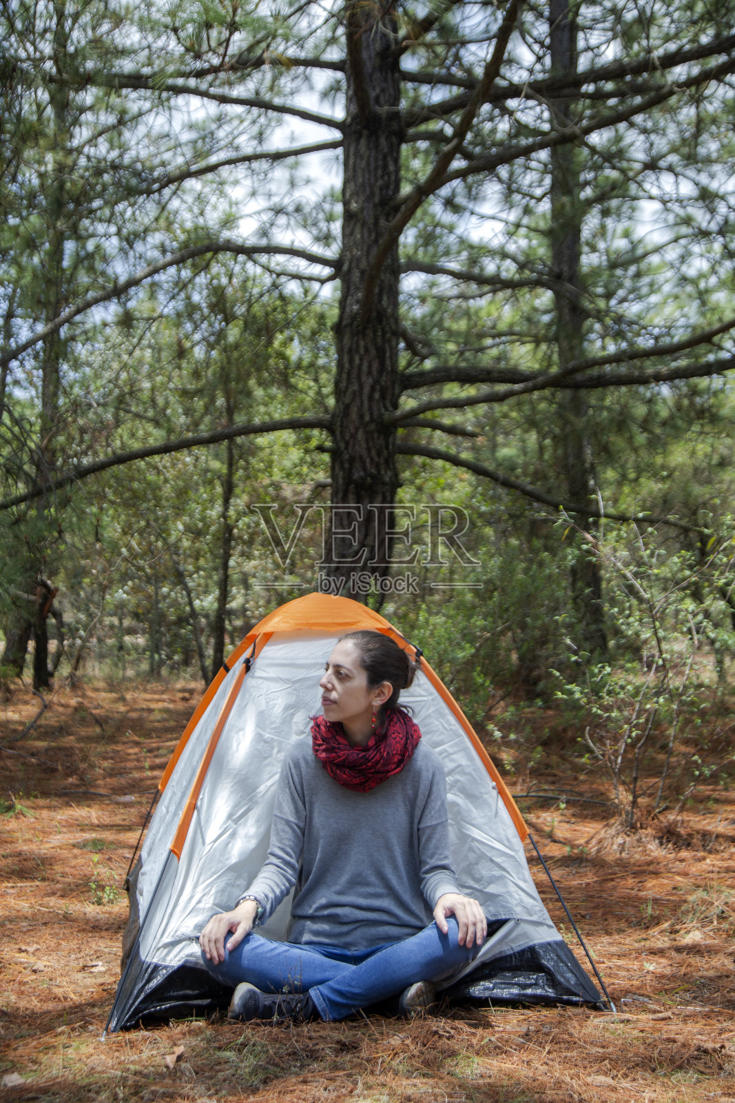 在树林里露营的女人照片摄影图片