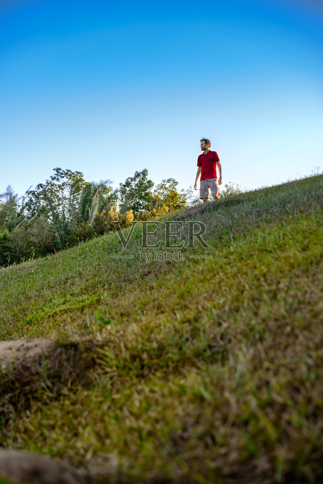 一个年轻人在一个长满绿草的山顶上看风景照片摄影图片