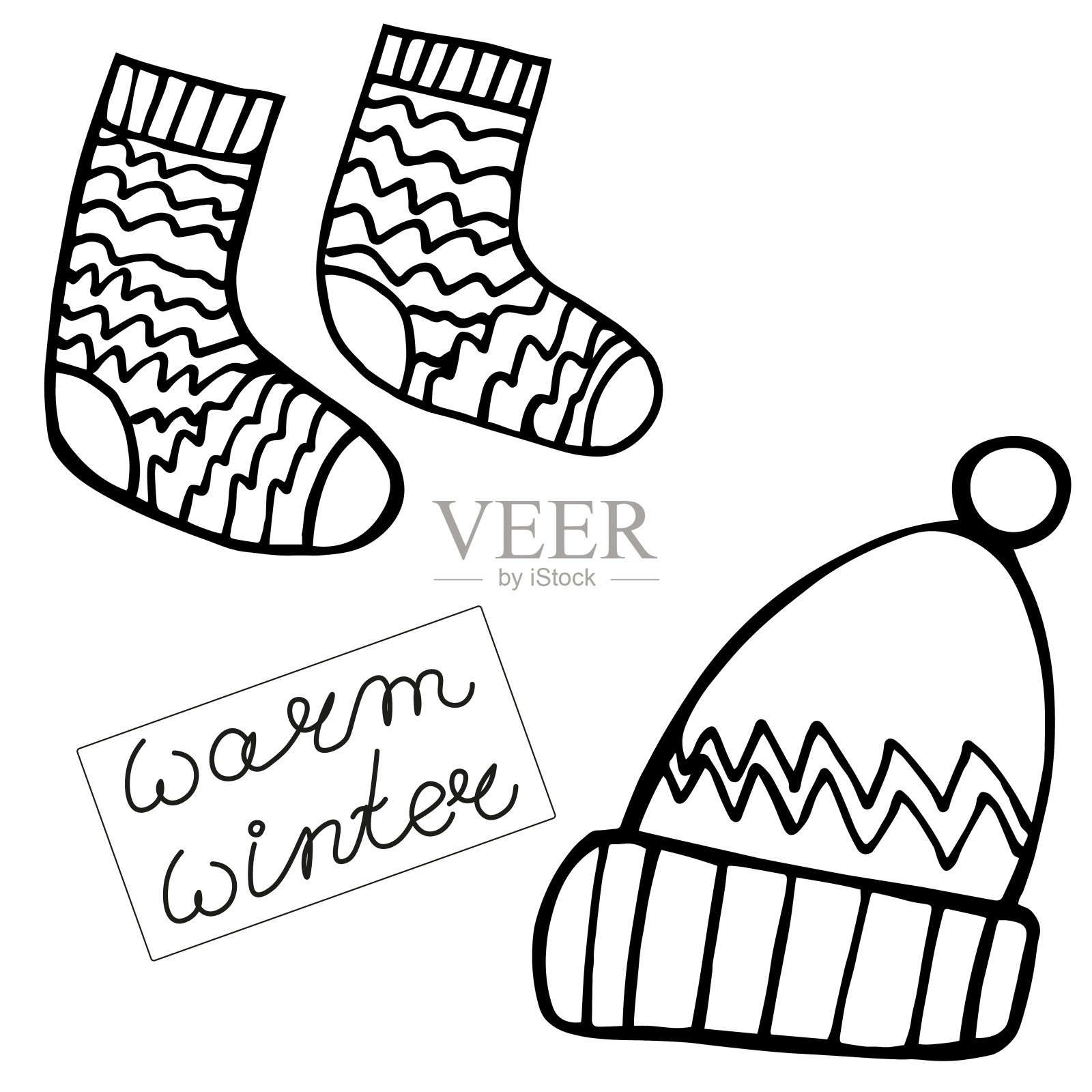 温暖的冬天袜子和帽子-黑白孤立元素的白色背景。矢量插图。插画图片素材