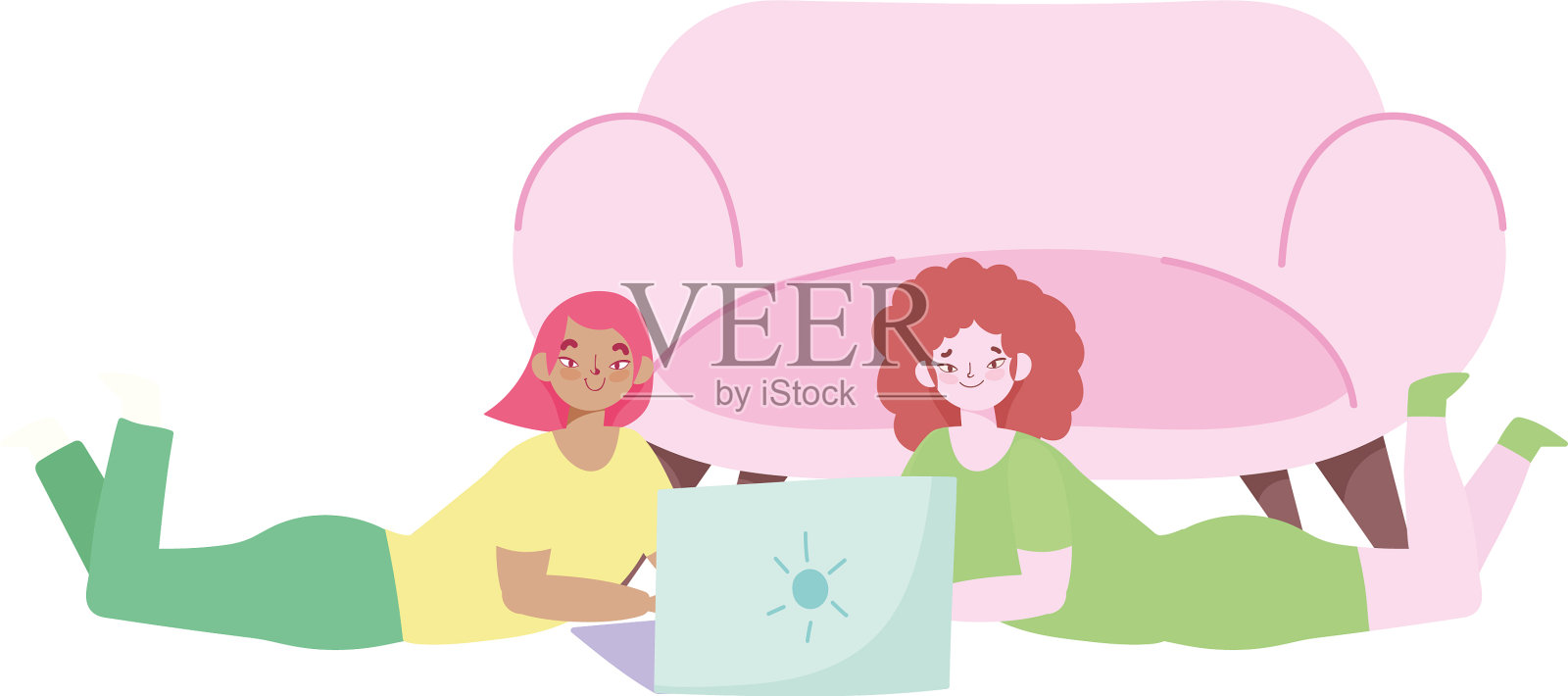 远程工作年轻女人躺在地板上设计元素图片