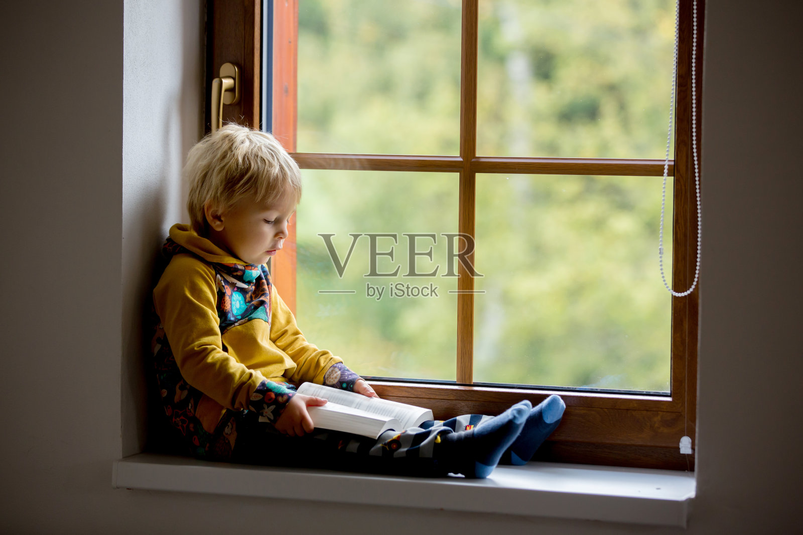 可爱的蹒跚学步的孩子，金发的男孩，坐在窗户上看书照片摄影图片