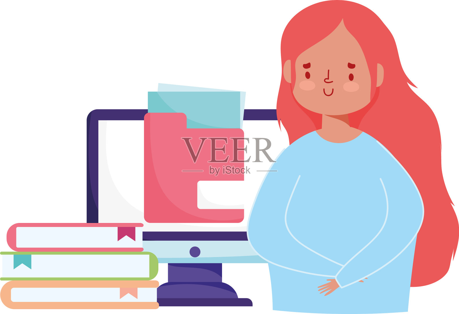网上教育女生电脑堆叠设计元素图片