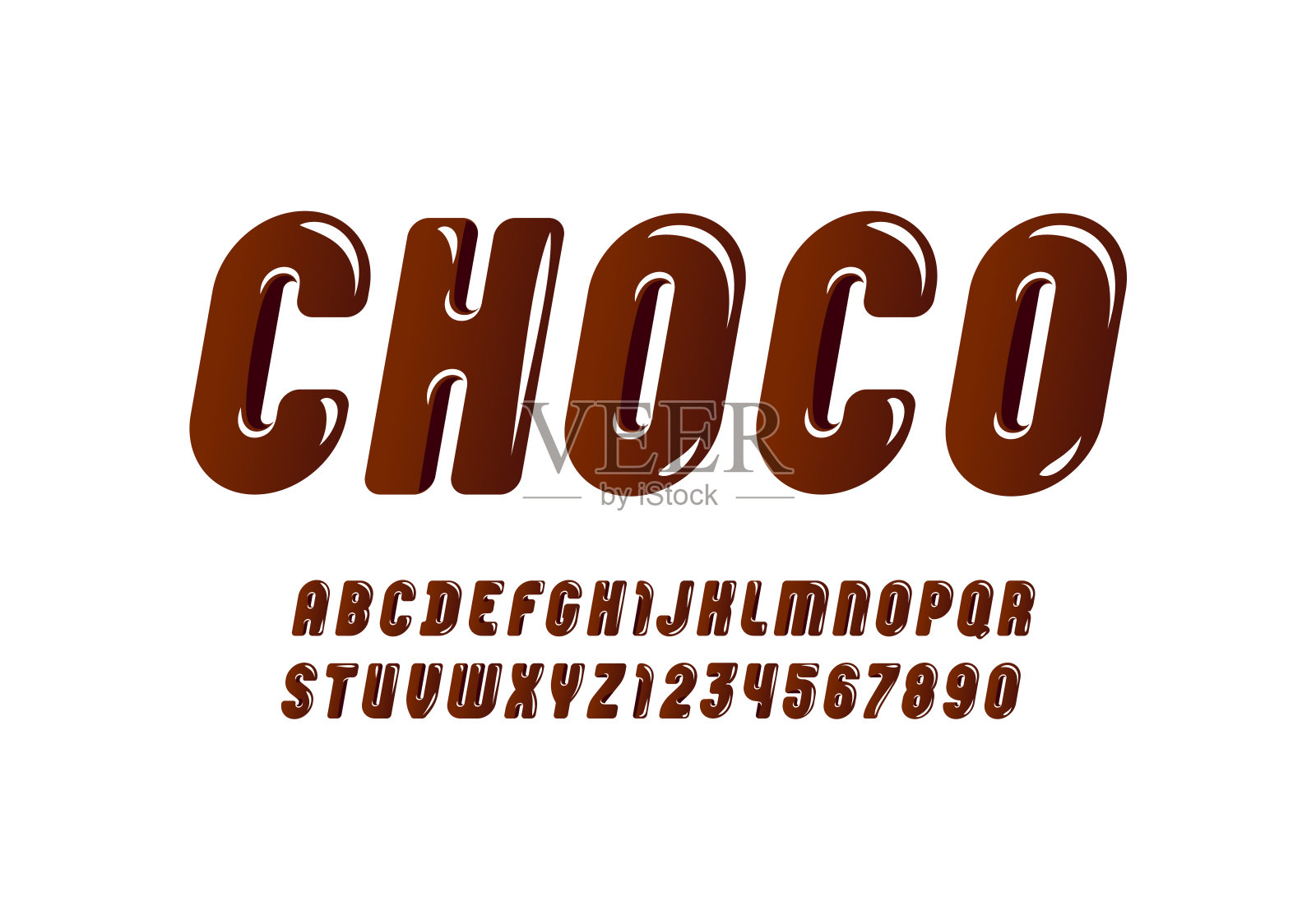 巧克力光泽字体，卡通风格的字母，棕色圆角字母从A到Z和数字从0到9，矢量插图10EPS插画图片素材