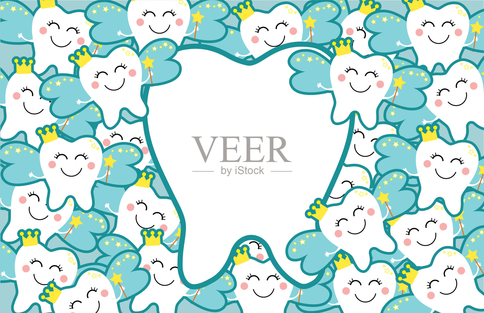 大牙齿与复制空间包围了许多牙仙子戴着皇冠和持有一颗星魔术棒。矢量插图，创意设计。插画图片素材