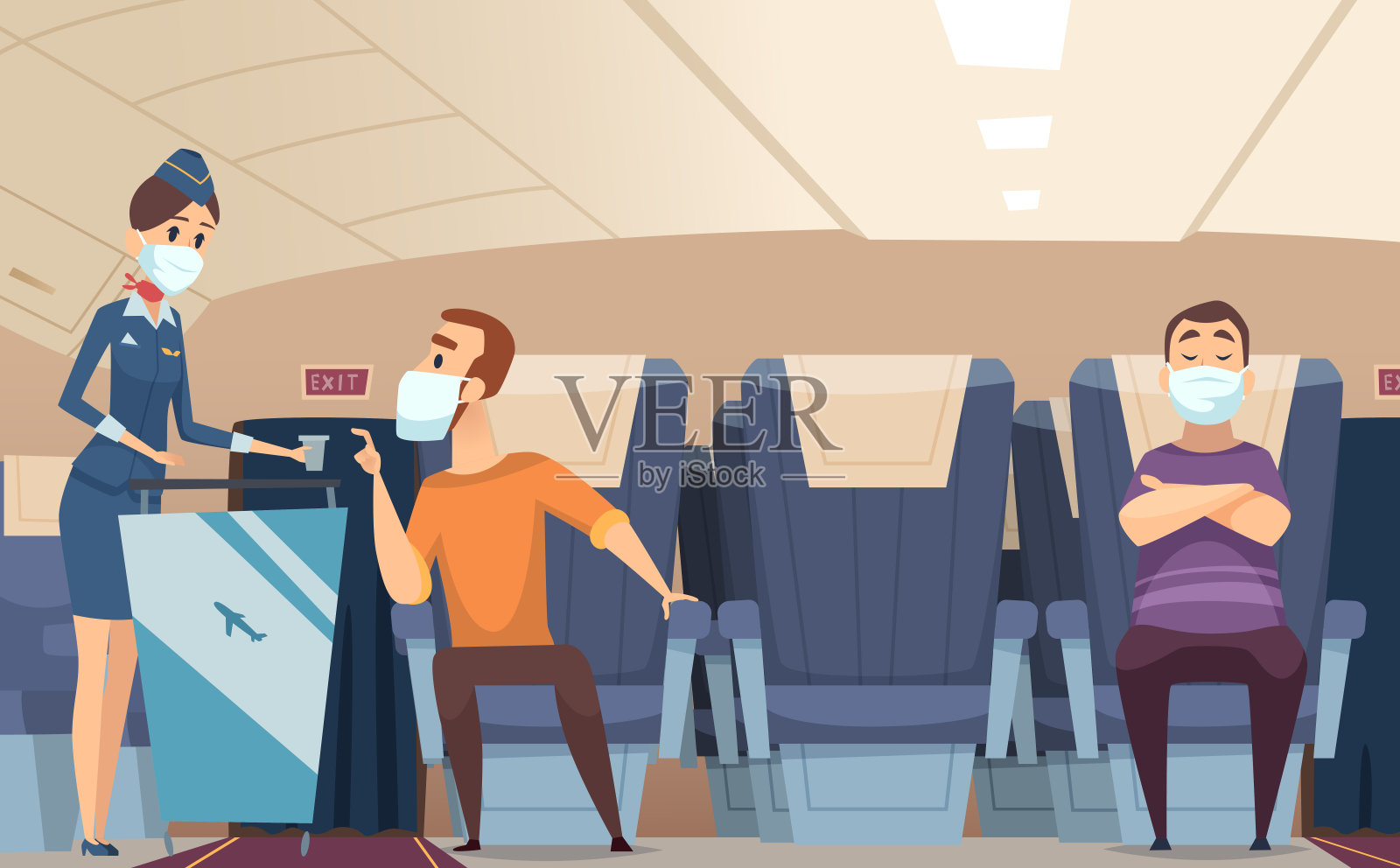 飞机乘客。飞机危险危险沟通人坐着用面罩保护飞行旅行矢量卡通套插画图片素材