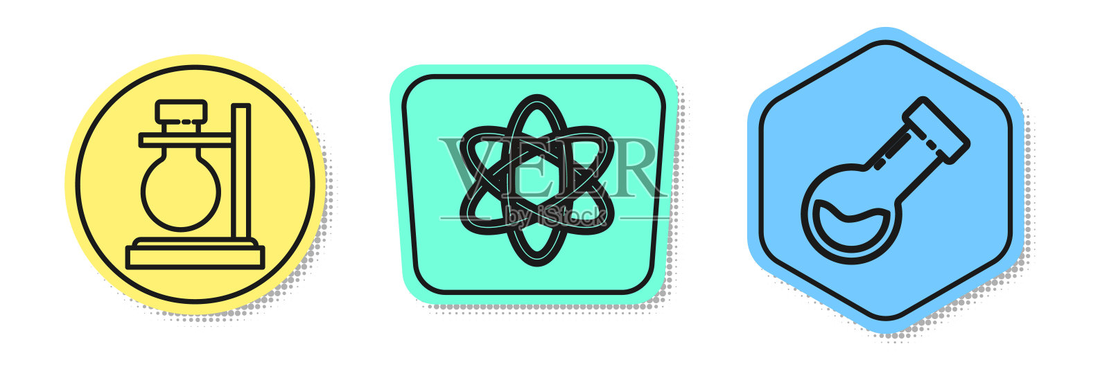 设置线试管烧瓶上的立场，原子和试管和烧瓶化学。颜色的形状。向量插画图片素材