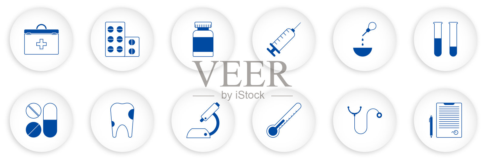 一组医疗图标。急救箱，听诊器，药丸，注射器，牙齿，显微镜，试管与分析，医生结论。向量在白色背景上的新形态风格插画图片素材