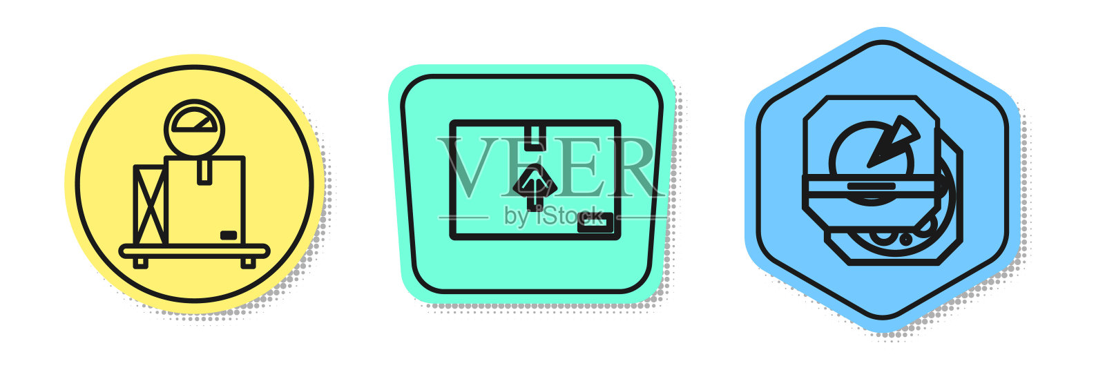 用纸板箱装线秤，纸板箱装交通标志，纸板箱装披萨。颜色的形状。向量插画图片素材