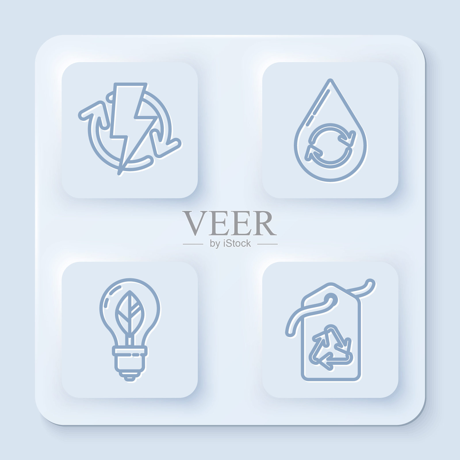 设有充电线，可回收清洁水，带叶子的灯泡和带回收标志的标签。白色正方形按钮。向量图标素材