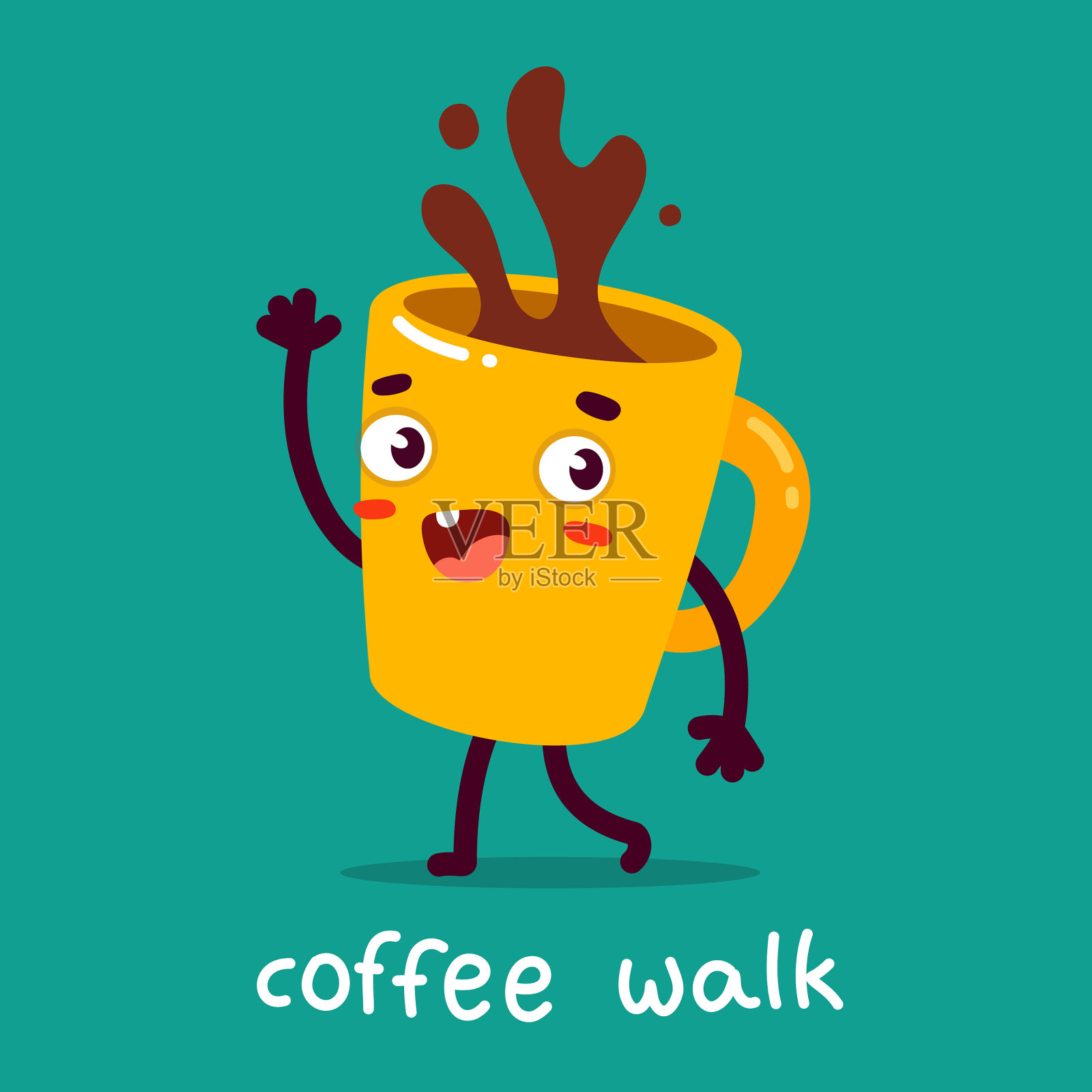 矢量插图黄色微笑杯字符与手和腿在绿色背景与文本。设计元素图片