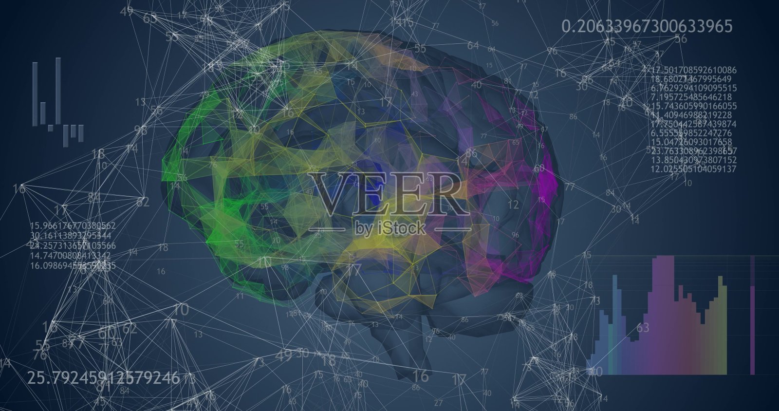 旋转360低多边形的大脑3D模型在蓝色背景与动画数字和图表。4 k的动画照片摄影图片