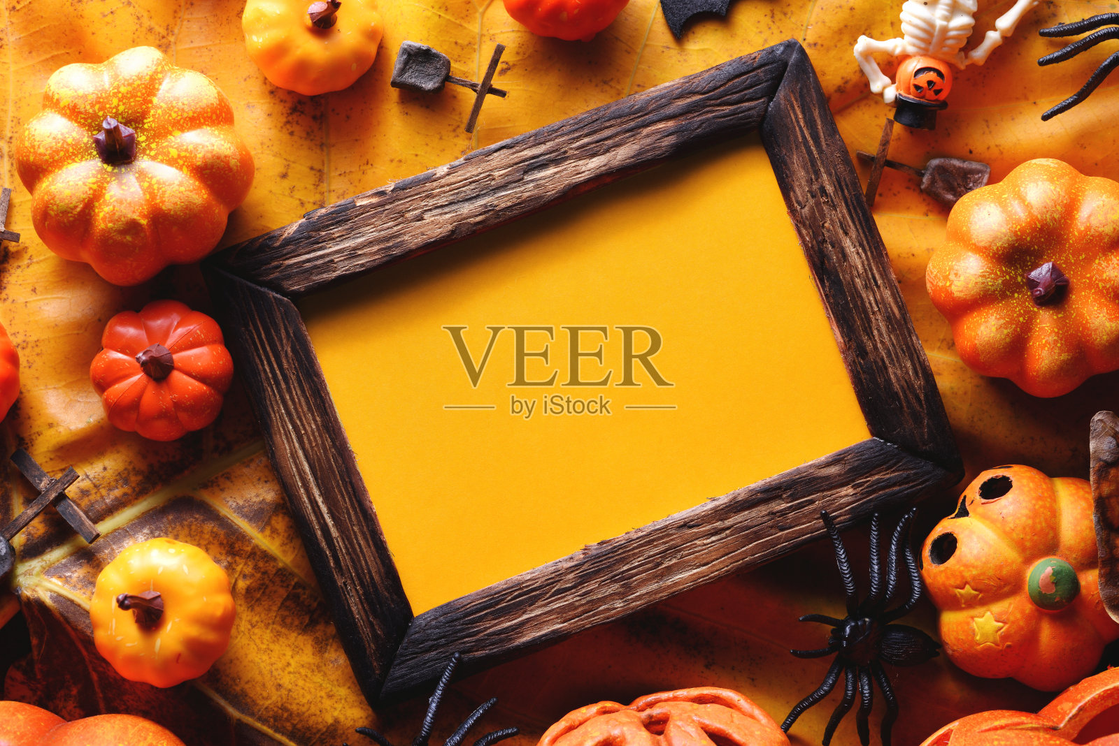 万圣节装饰概念和框架顶部视图与复制空间照片摄影图片