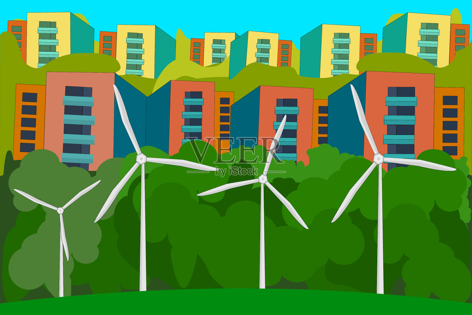 风力发电厂和城市风力涡轮机插画图片素材