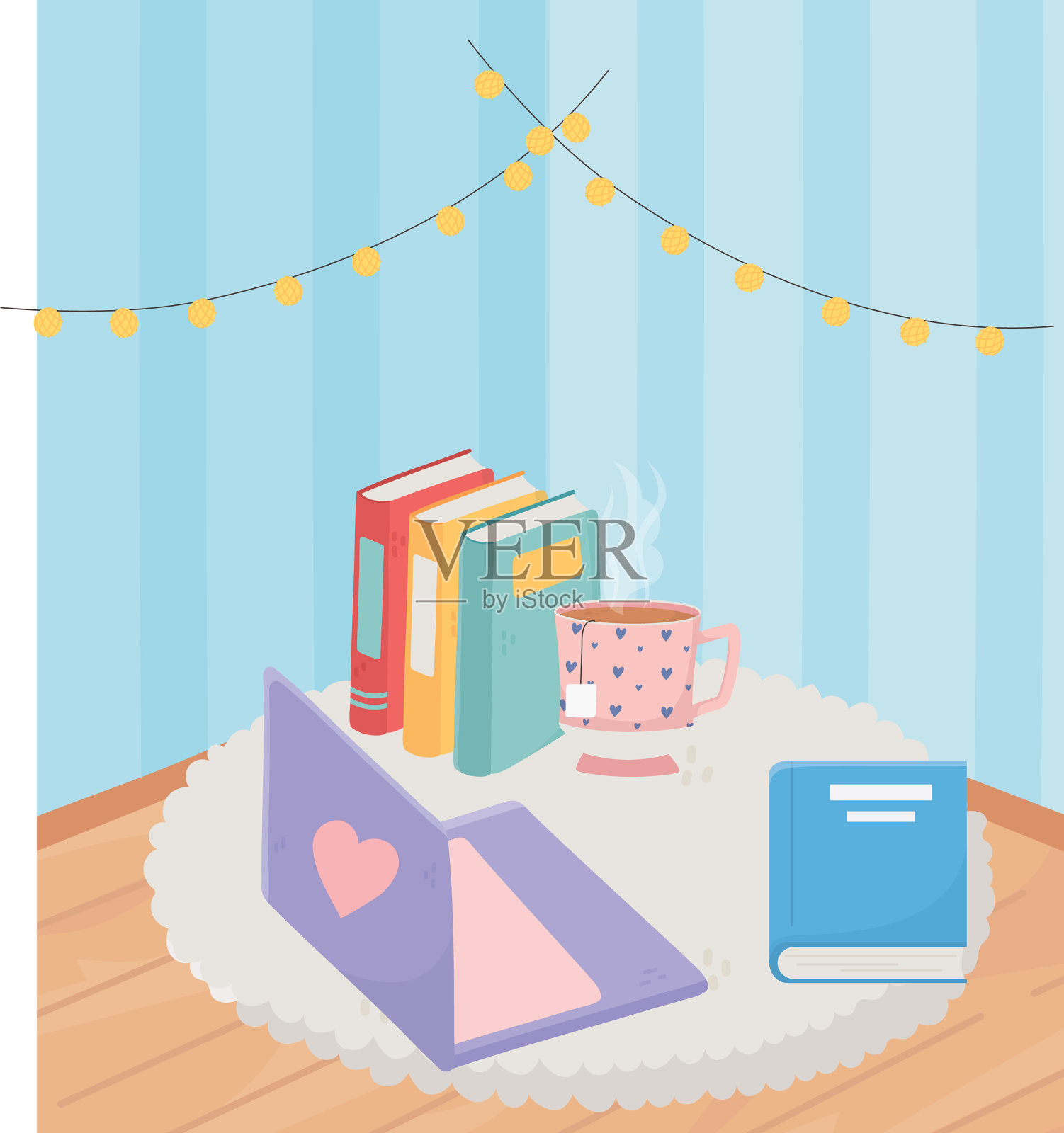 甜蜜的家庭笔记本电脑，茶杯叠书灯插画图片素材