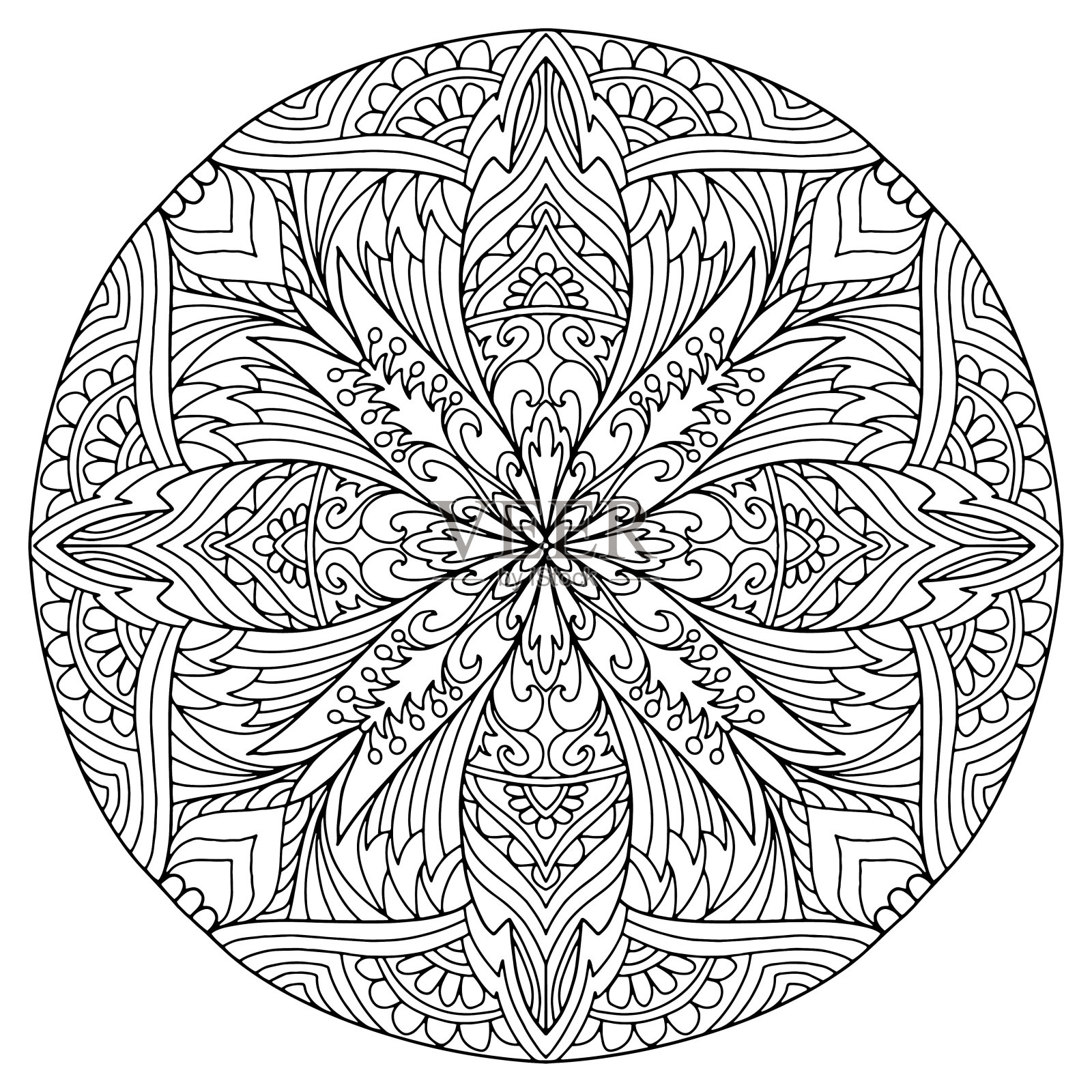 曼荼罗与花卉装饰画在白色的背景上色，矢量，着色书页插画图片素材