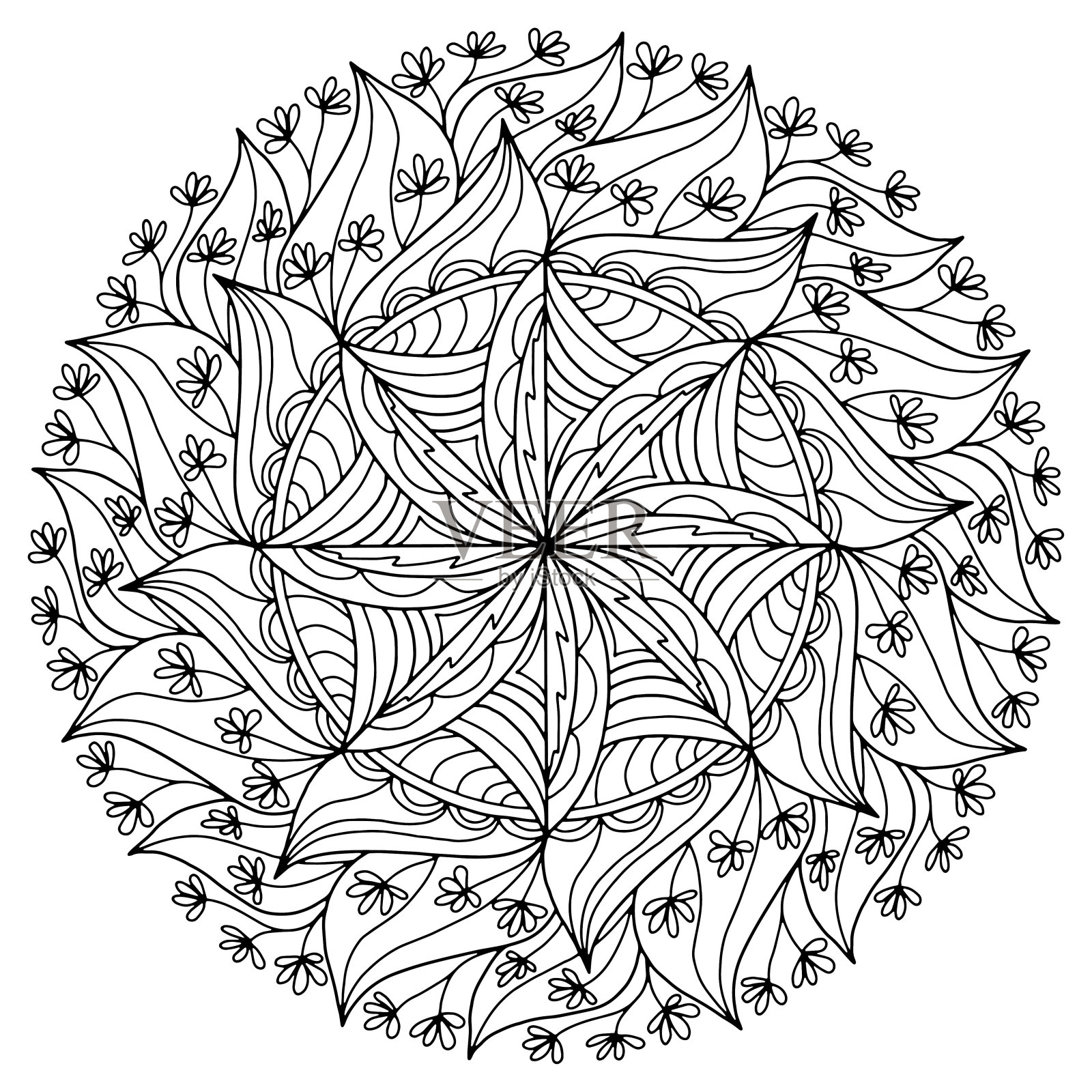 曼荼罗与花和抽象的装饰品绘制在白色的背景上色，矢量，着色书页插画图片素材