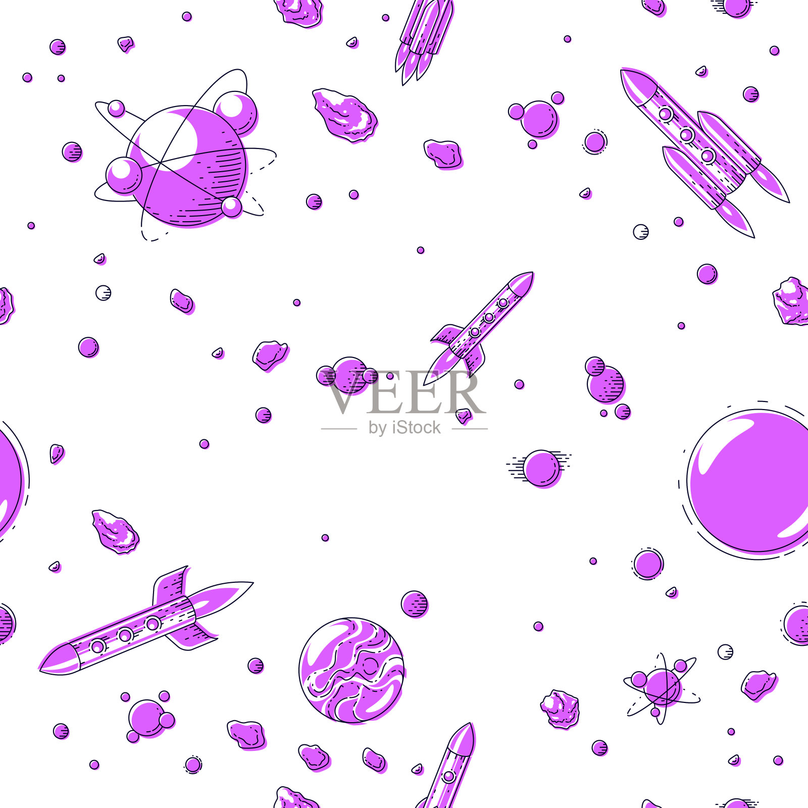 无缝的太空背景与火箭和行星，未发现的深宇宙奇妙和惊人的纺织织物为孩子，无尽的瓷砖图案，矢量插图卡通图案。插画图片素材