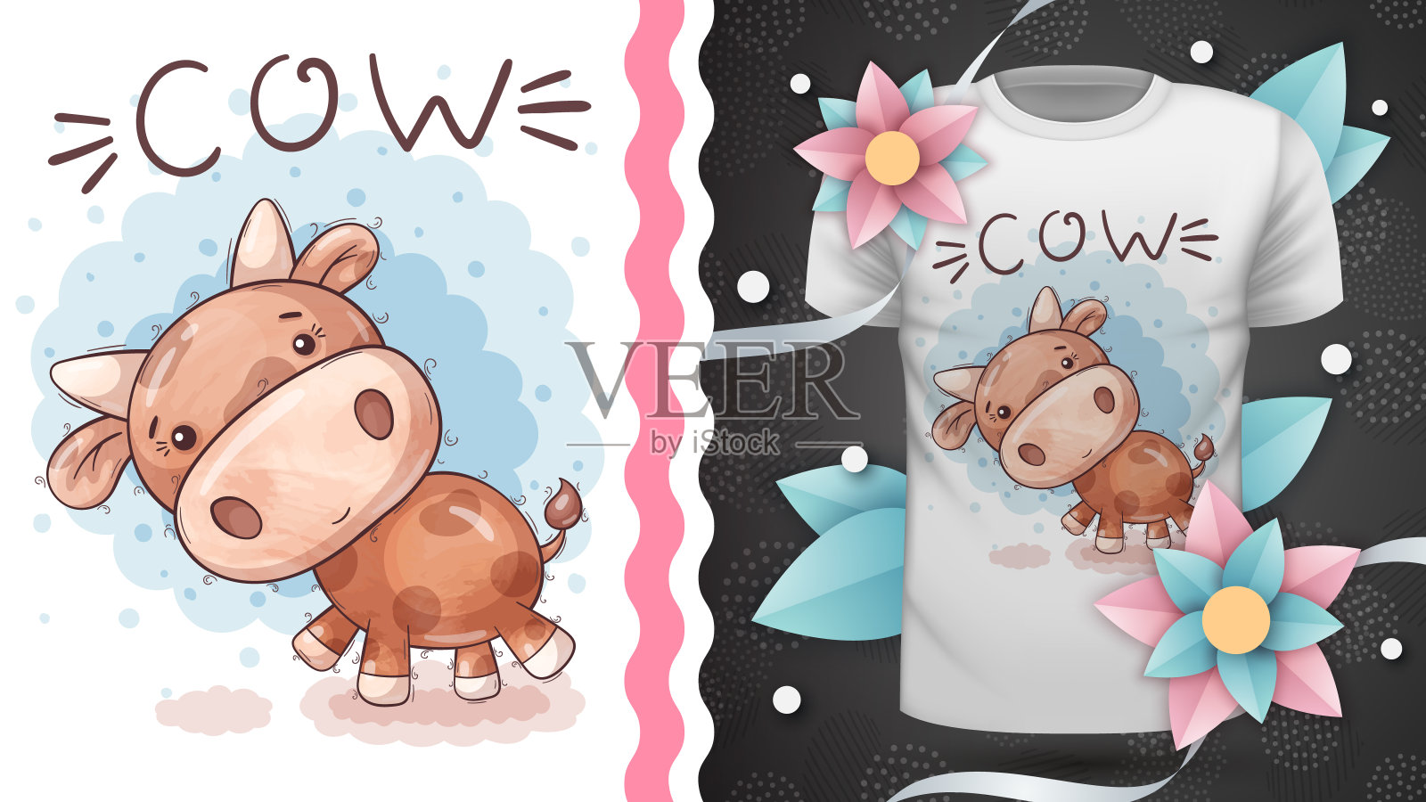 可爱的泰迪牛——印花t恤的创意。插画图片素材
