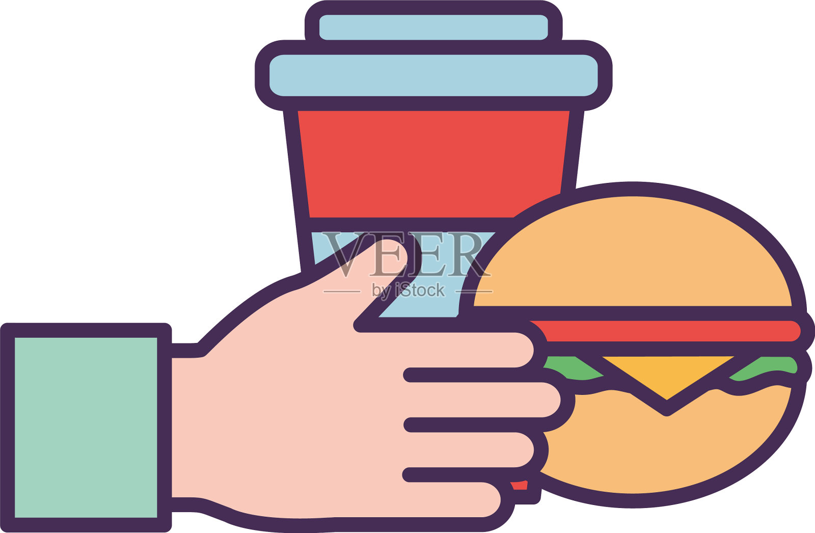 手与马克杯和汉堡线和填充样式插画图片素材