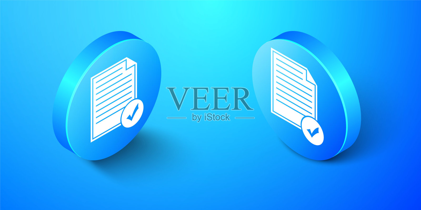 等距文件和检查标记图标孤立在蓝色背景。清单图标。经营理念。蓝色圆按钮。向量插画图片素材