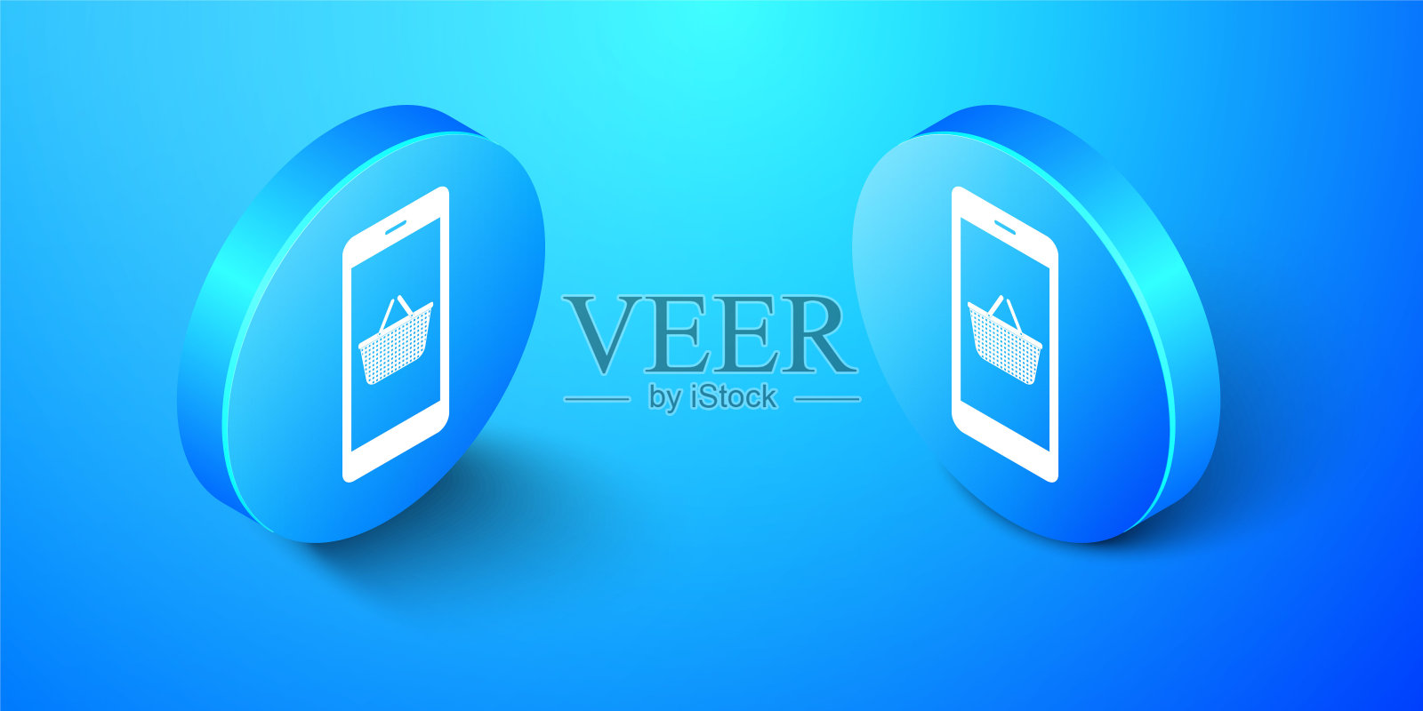 等距手机和购物篮图标隔离在蓝色背景上。网上购买标志。超市篮子符号。蓝色圆圈按钮。向量插画图片素材