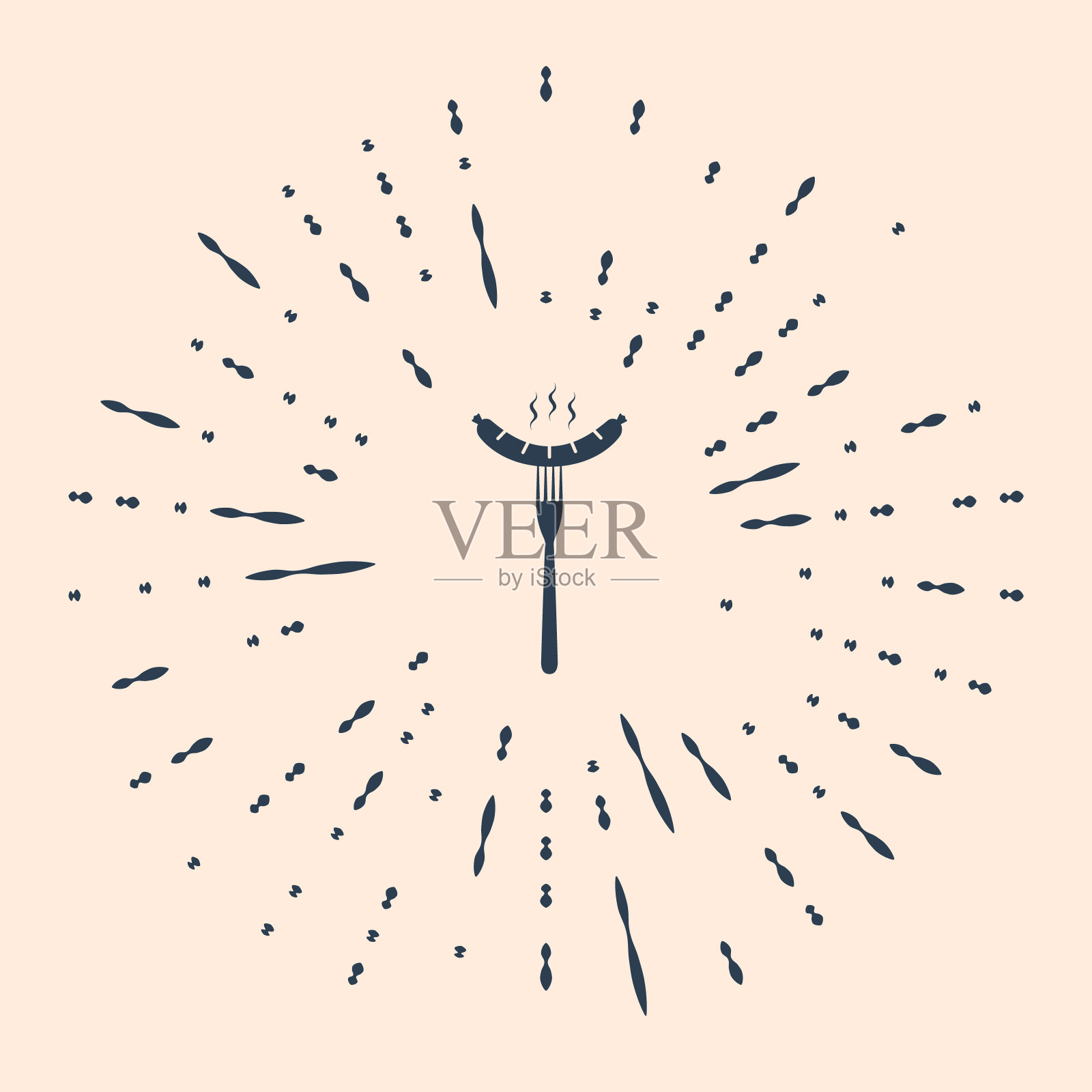 在叉上的黑色香肠与蒸汽图标隔离在米色的背面插画图片素材