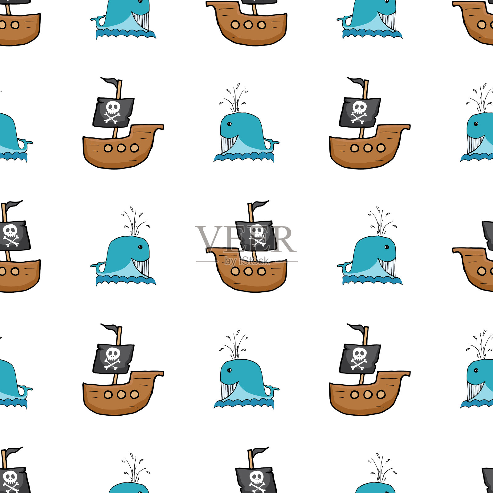 海盗船和鲸鱼的无缝图案可爱插画图片素材