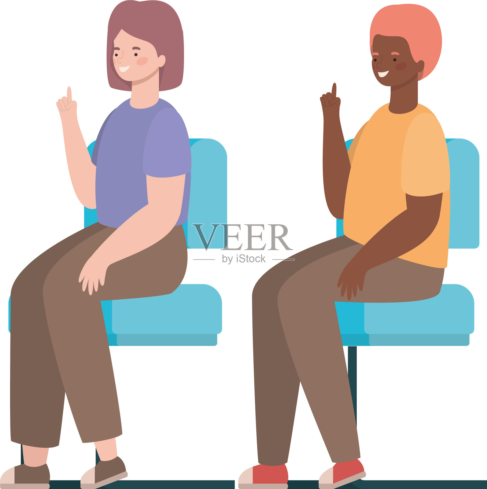 快乐的女人和男人卡通坐在座位上插画图片素材