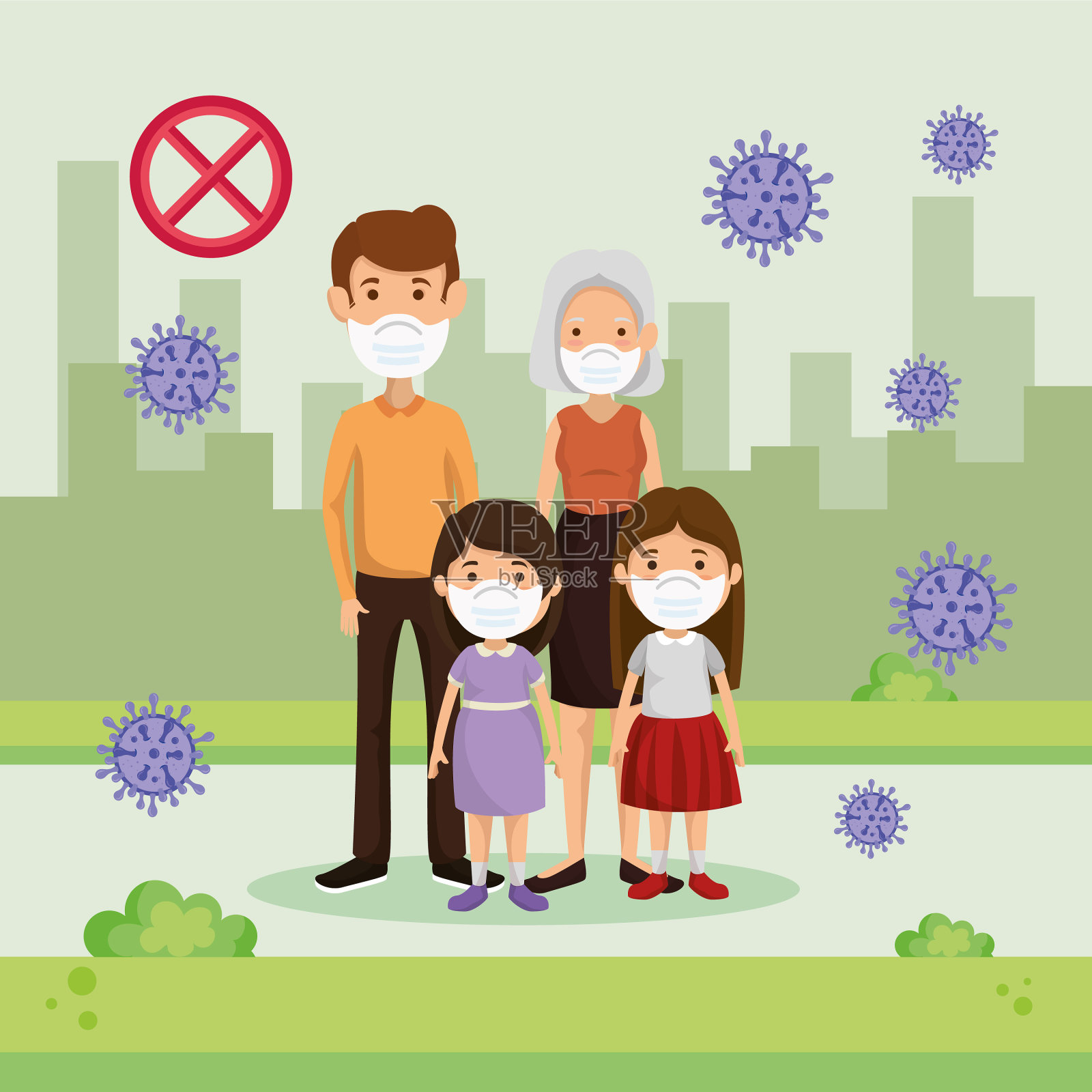 家庭使用面罩与城市景观和插画图片素材