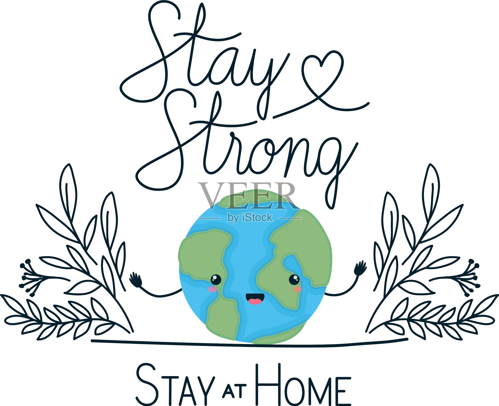 卡哇伊世界卡通和保持坚强和在家插画图片素材