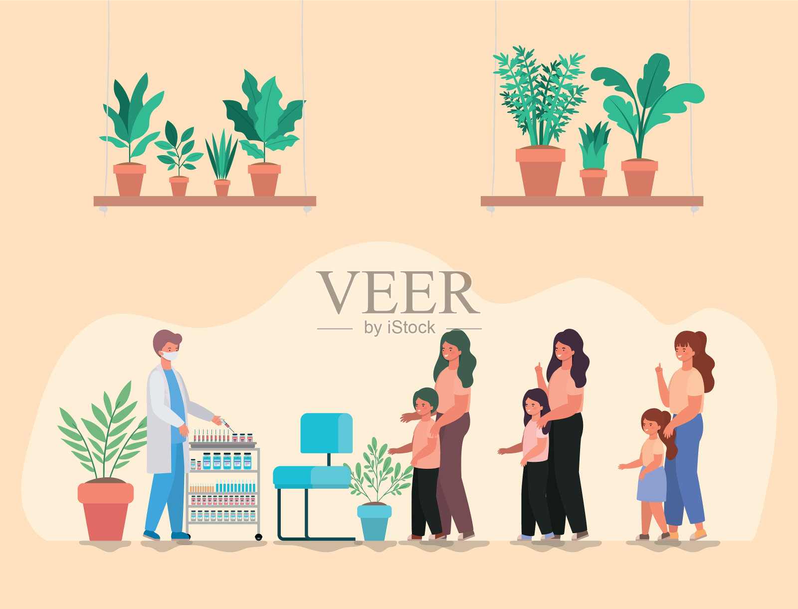 男医生为孩子和母亲接种疫苗插画图片素材