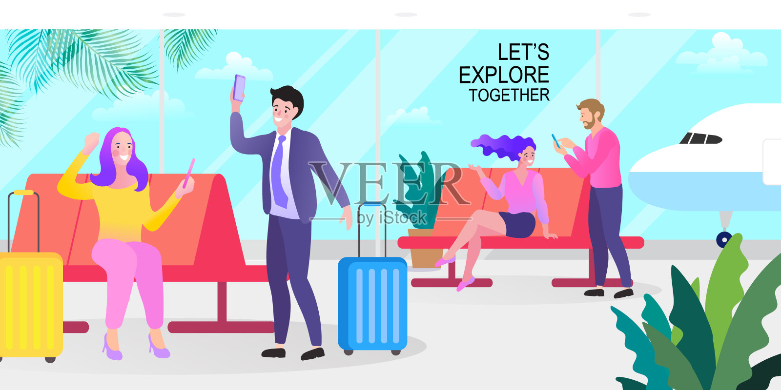 带着行李的男人和女人在机场候机厅候机。用笔记本工作的女士。插画图片素材