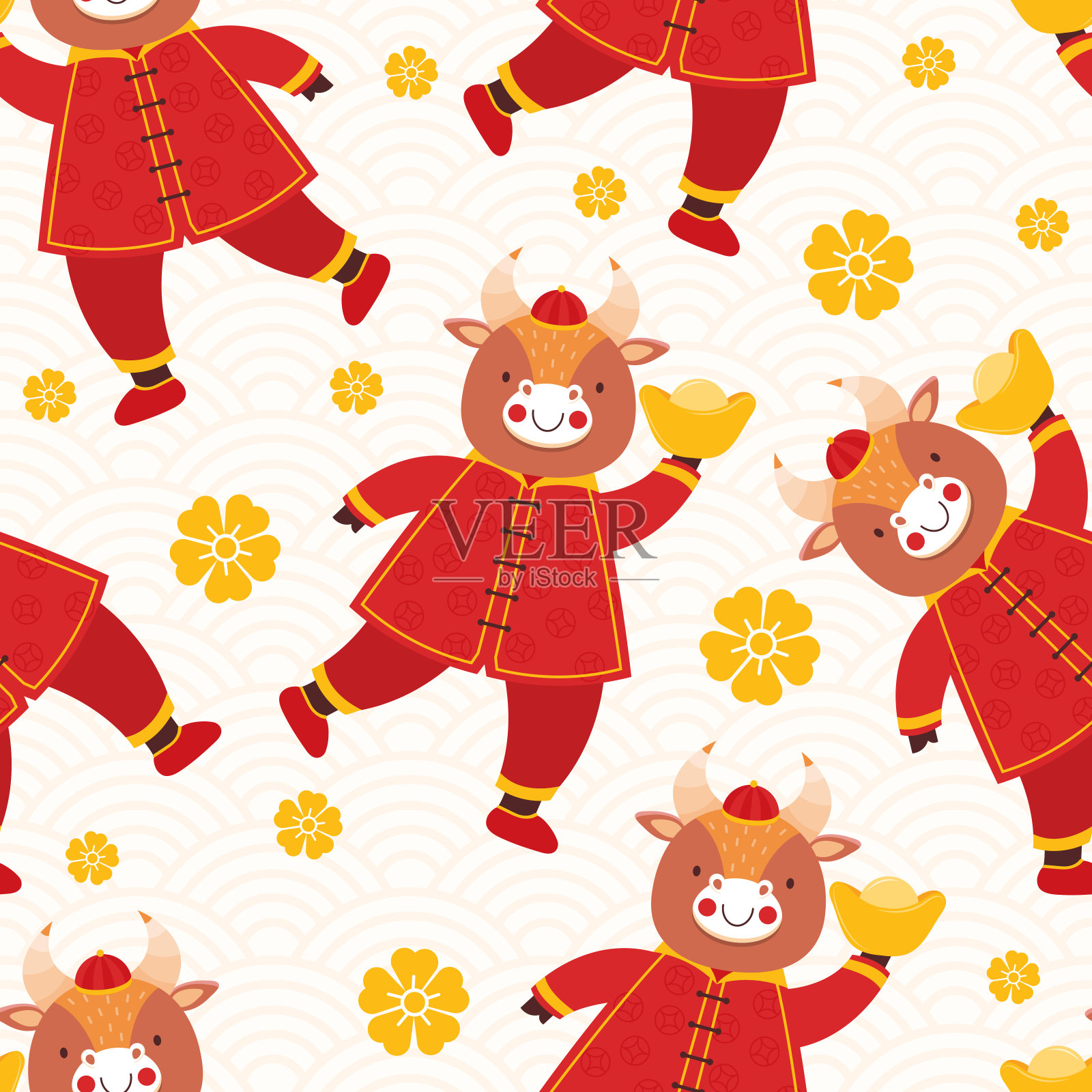 中国新年牛。无缝图案可爱的小公牛在传统的红色中国服装与金币和金条。东方十二生肖是幸运的象征。手绘动物假期卡通人物插画图片素材