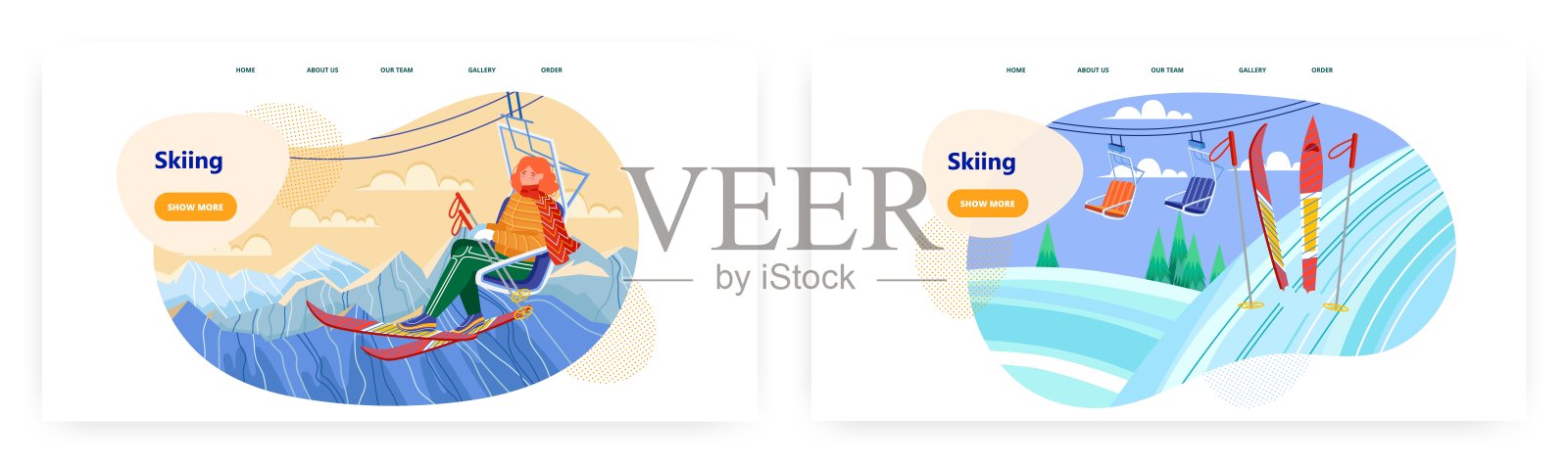 滑雪的女人坐在升降椅上。冬季度假山上滑雪度假村矢量概念插图。滑雪运动。雪山冬季景观。网站设计模板插画图片素材