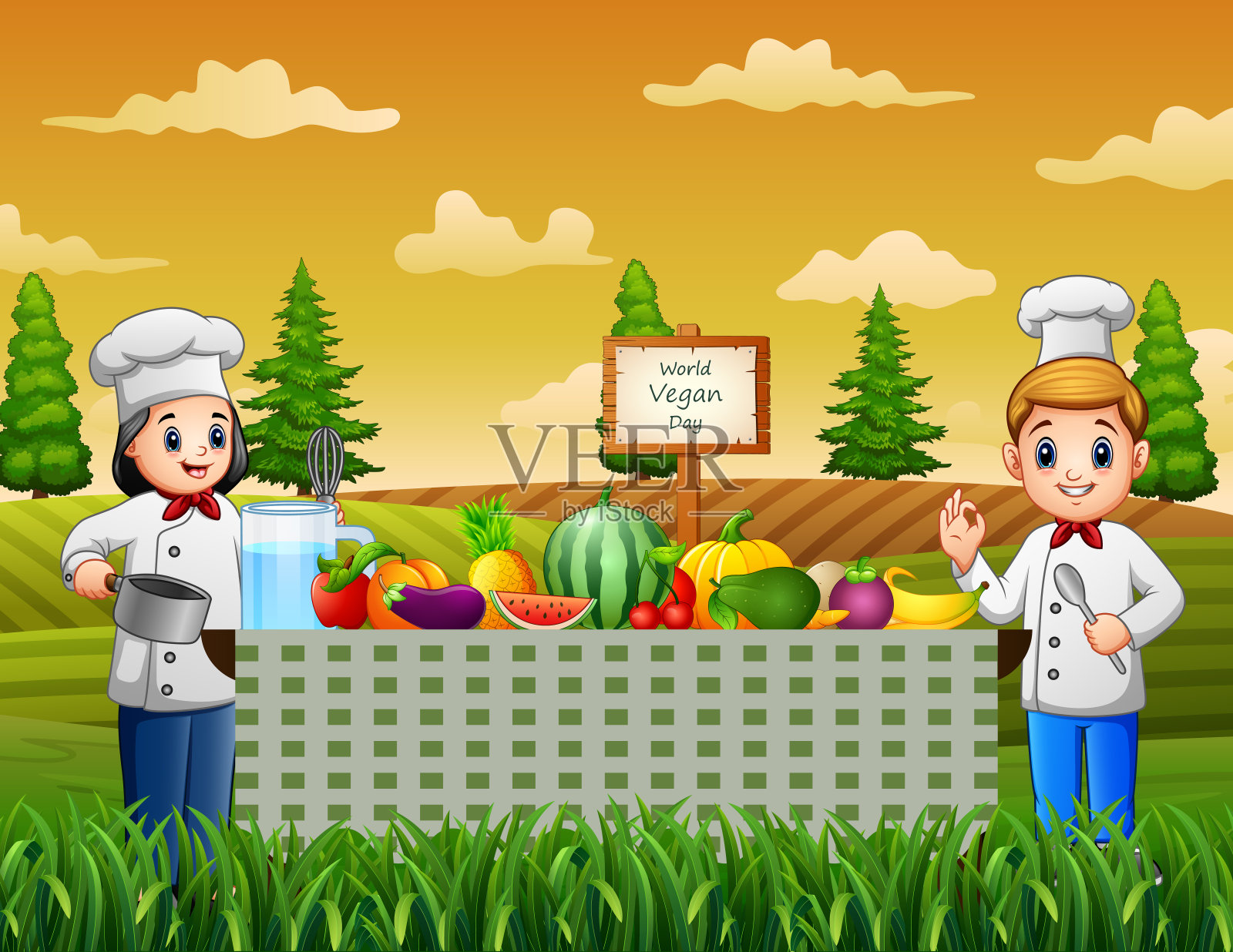 快乐二厨师准备健康食品插画图片素材