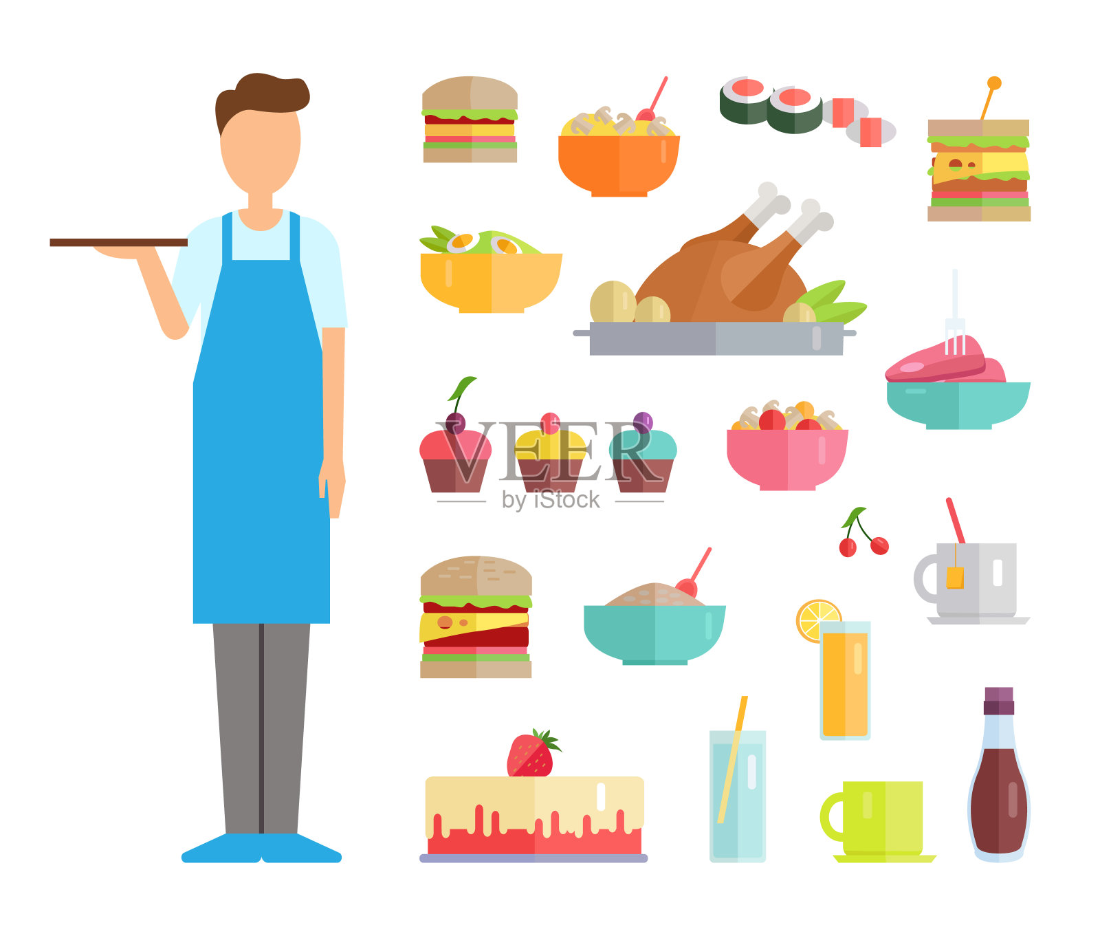 采购产品服务员和食物图标，蛋糕和肉盘子插画图片素材