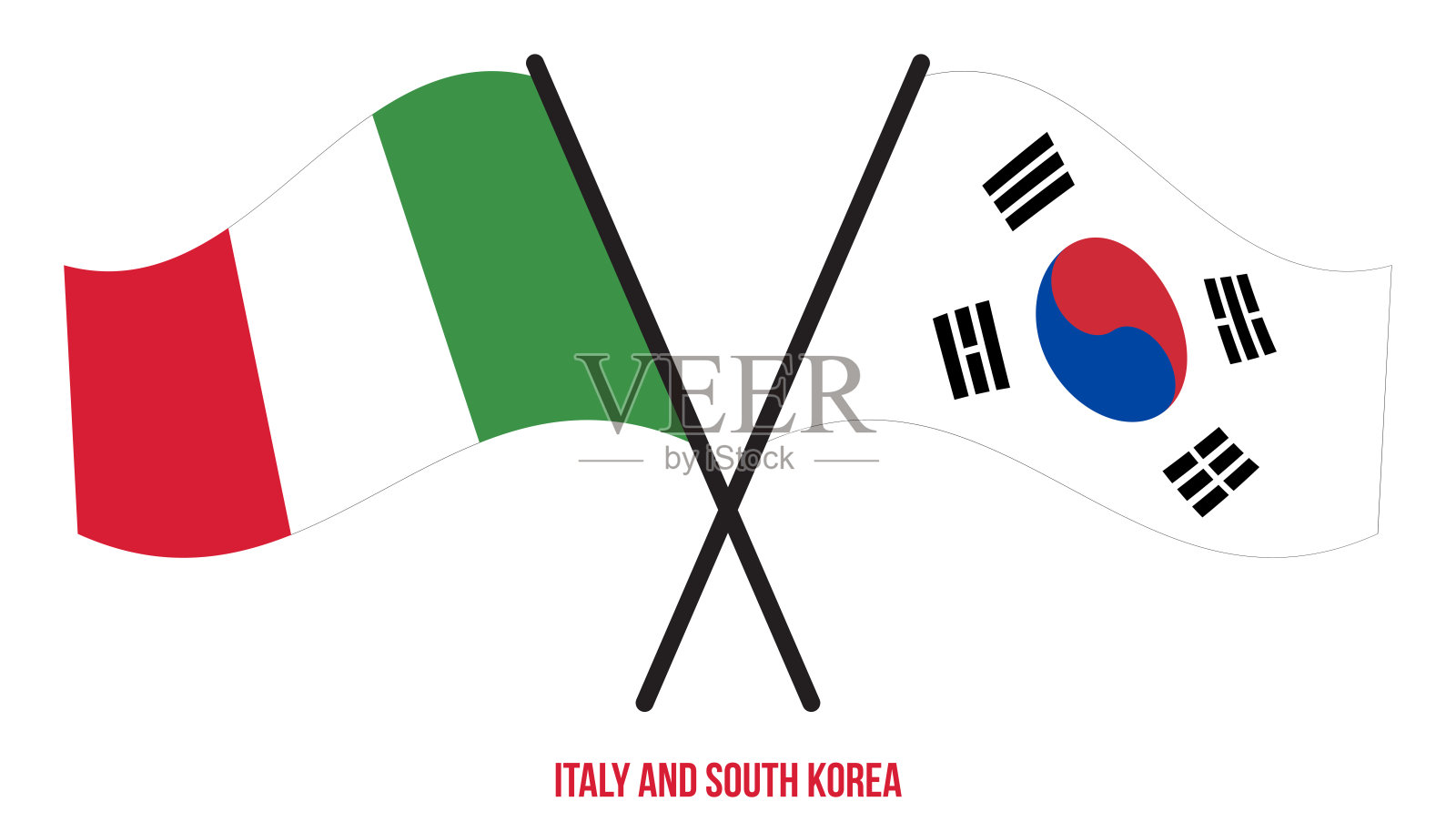 意大利和韩国国旗交叉和挥舞的平面风格。官方的比例。正确的颜色。插画图片素材