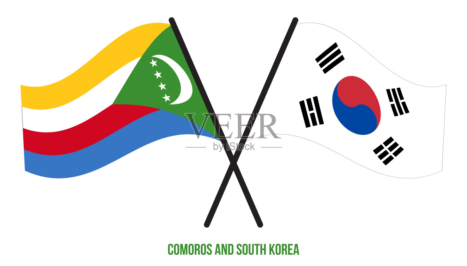 科摩罗和韩国国旗交叉和挥舞的平面风格。官方的比例。正确的颜色。插画图片素材