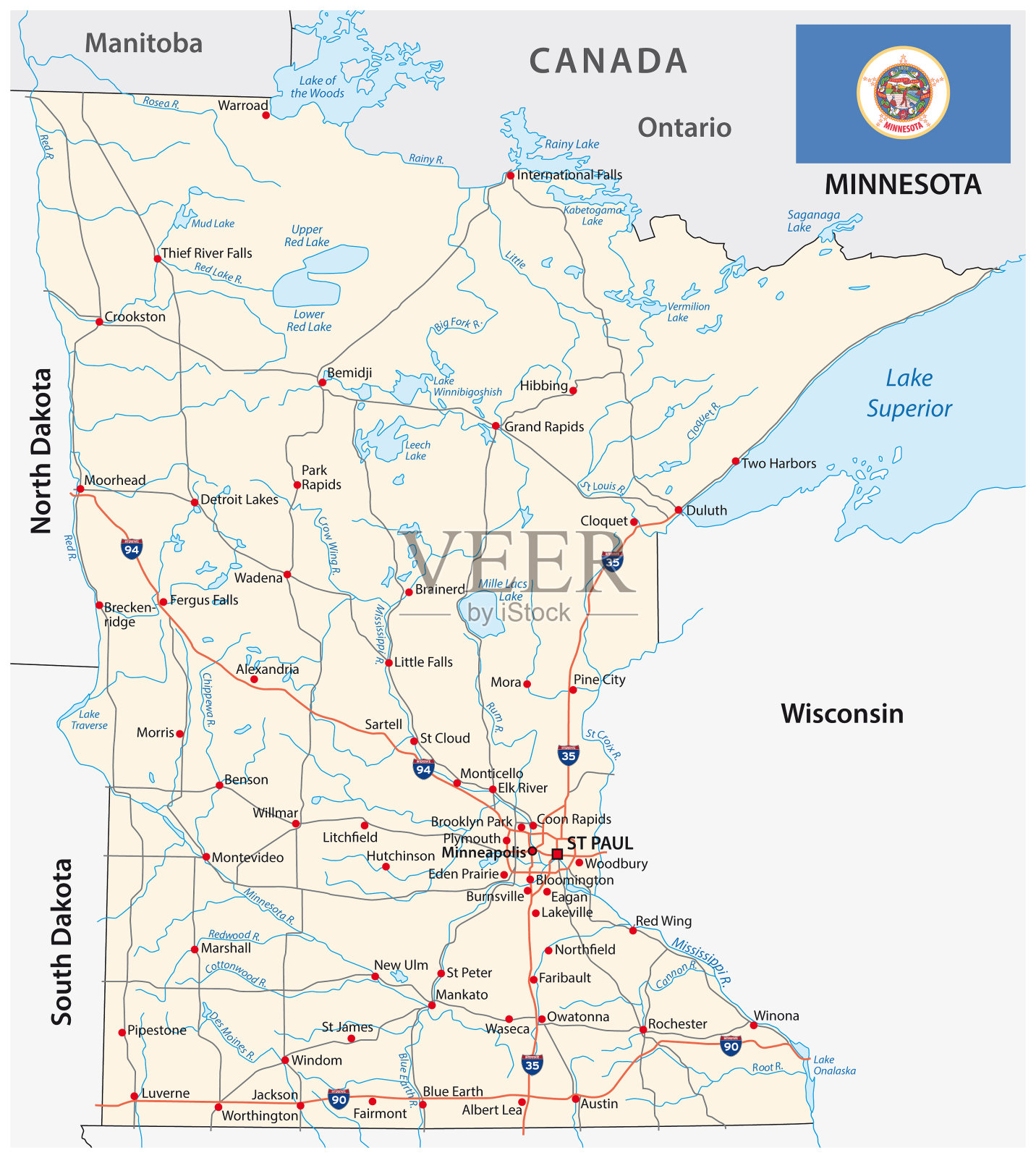 明尼苏达州联邦州道路矢量地图与旗帜插画图片素材