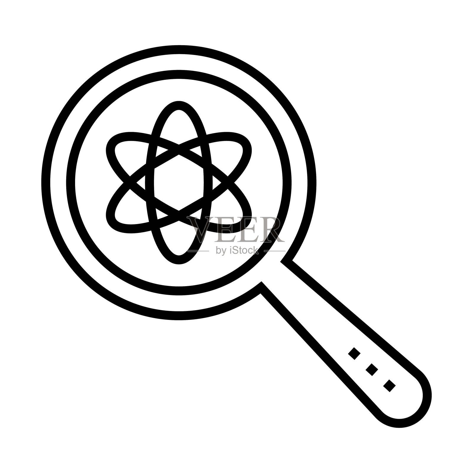 放大镜上的原子符号。科学研究图标。行设计。插画图片素材
