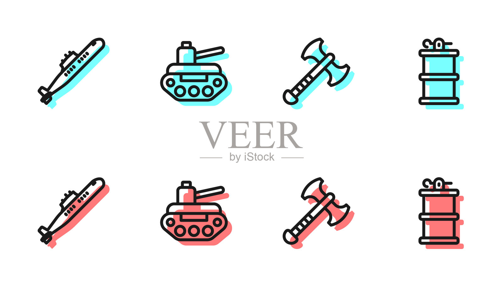 Set line War axe, Submarine, Military tank and Hand smoke grenade图标。向量插画图片素材