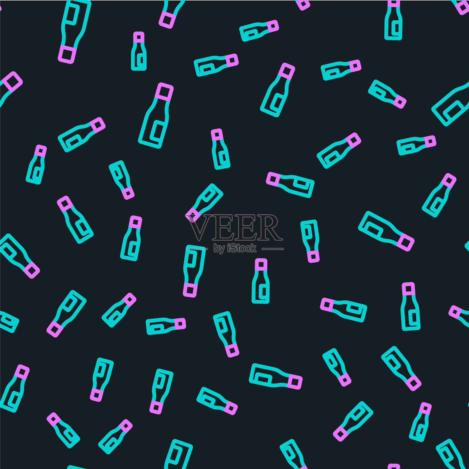 线瓶装水图标隔离无缝模式上的黑色背景。苏打水饮料标志。向量插画图片素材