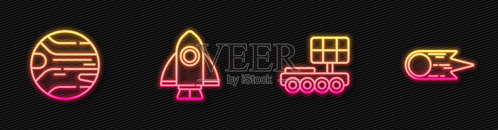 设定火星漫游者，行星，火箭飞船和彗星快速下落。发光的霓虹灯图标。向量插画图片素材