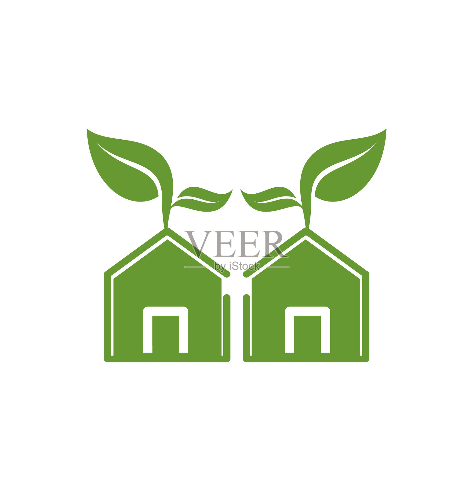 简单的绿色房屋与叶片为农业标志设计元素图片