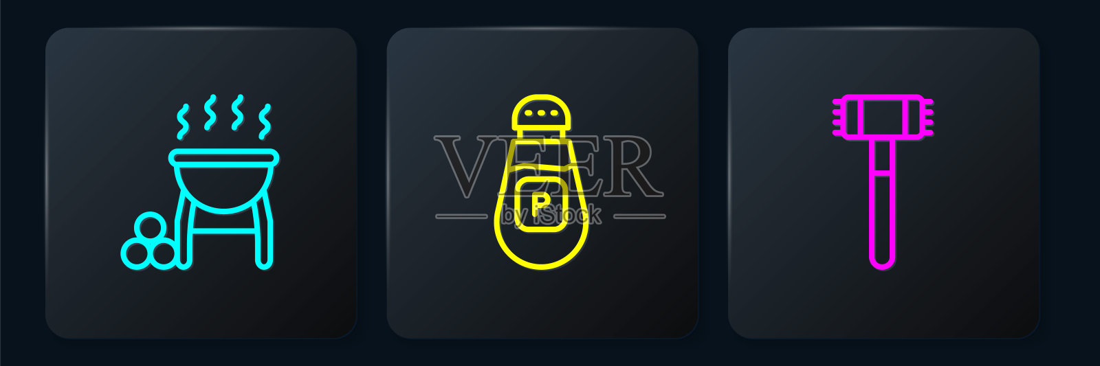 烧烤架，厨房锤和胡椒。黑色方形按钮。向量设计元素图片